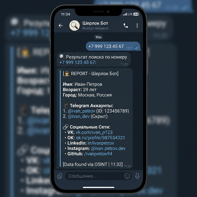 Скриншот Шерлок Бот в Telegram — пример отчёта по номеру телефона